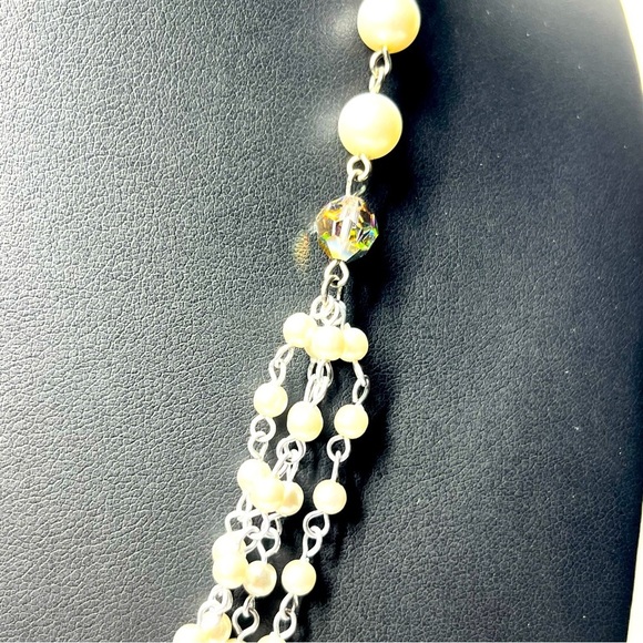 VTG 60's Aurora Borealis Pearl Tassel Matinee Necklace & Earrings Set - Picture 6 of 10